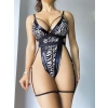 Secretsita Özel Tasarım Göğüs İp Detaylı Zebra Desen Fantezi Jartiyerli Body