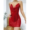 Secretsita Özel Tasarım Kırmızı Boyundan Bağlamalı Zincir Detaylı Parlak Mini Club Elbisesi
