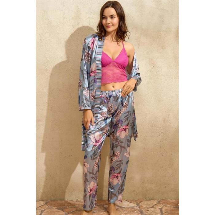 Secretsita Saten Çiçek Baskılı Sabahlık Balensiz Desteksiz Dolgusuz Dantelli Bralet Sütyen ve Pantolon Pijama 3lü Takım