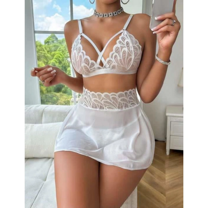 Secretsita Beyaz Dantelli İp Detaylı Etekli Fantezi Sütyen Takım