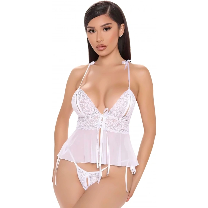 Secretsita Beyaz Özel Bölgesi Açık İp Detaylı Büstiyer Fantezi Takım