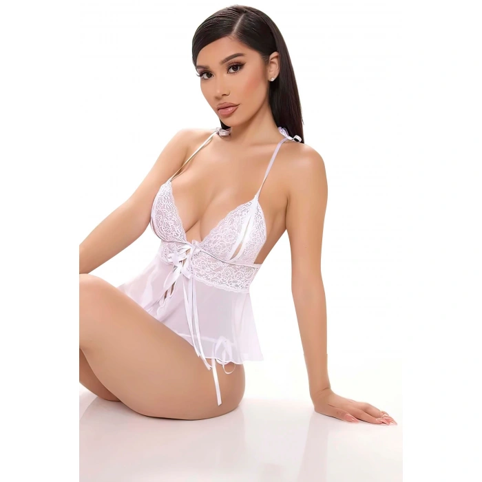 Secretsita Beyaz Özel Bölgesi Açık İp Detaylı Büstiyer Fantezi Takım