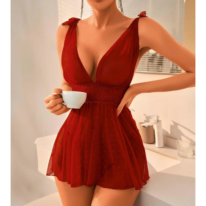 Arias Closet Bordo Dantel İşlemeli Puantiyeli Tül Fantezi Gecelik