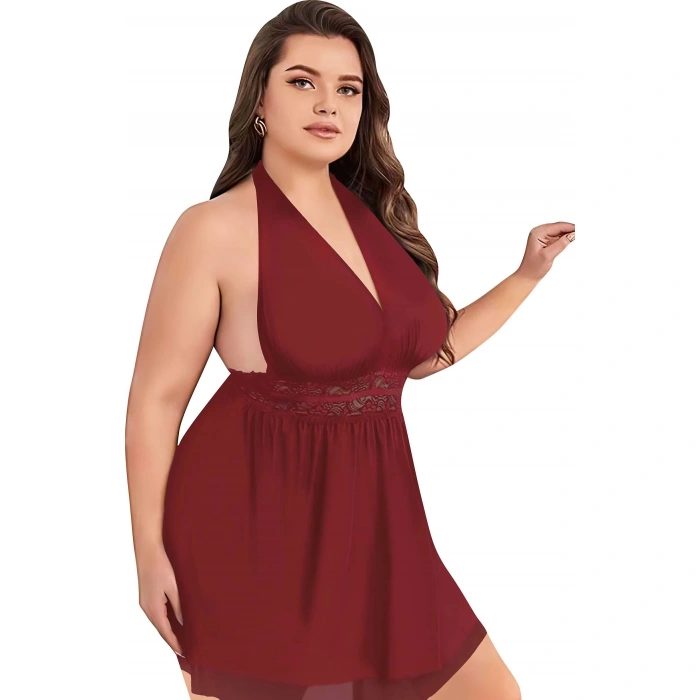 Secretsita Büyük Beden Bordo Dantel İşlemeli Boyundan Bağlamalı Fantezi Tül Gecelik