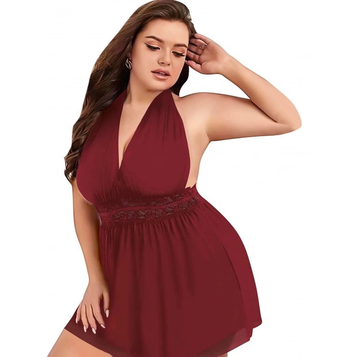 Secretsita Büyük Beden Bordo Dantel İşlemeli Boyundan Bağlamalı Fantezi Tül Gecelik