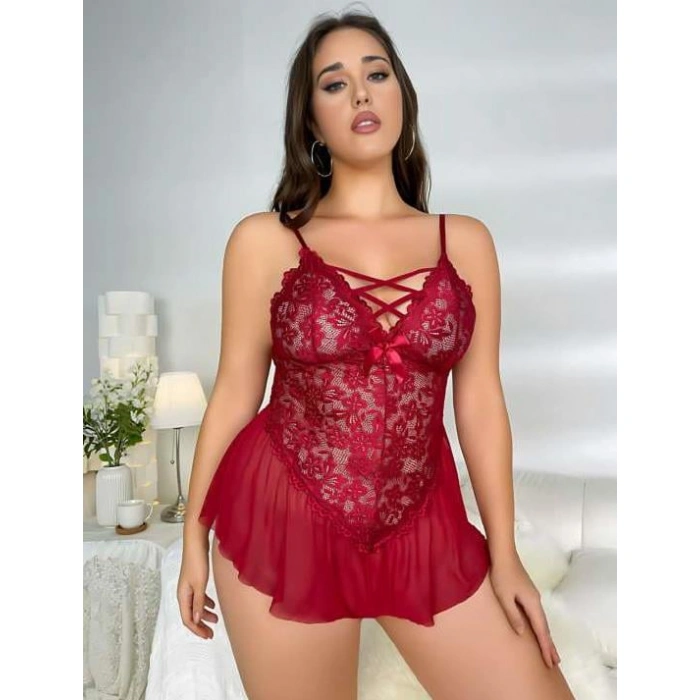 Secretsita Büyük Beden Bordo Dantel İşlemeli Fırfırlı Fantezi Babydoll