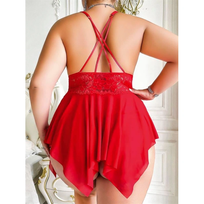 Secretsita Büyük Beden Dantel İşlemeli Fırfırlı Dekolteli Fantezi Tül Kırmızı Gecelik