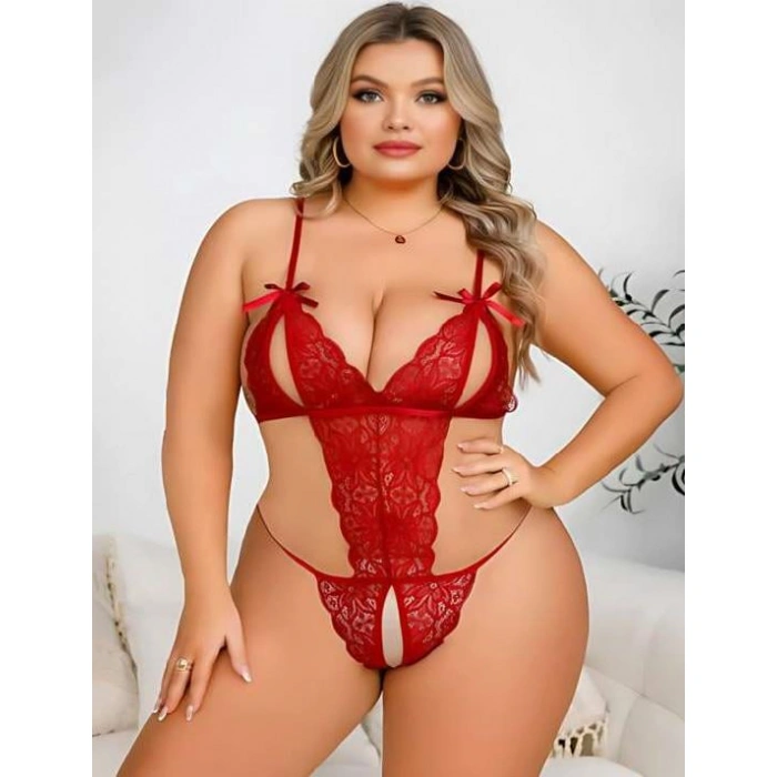 Secretsita Büyük Beden Kırmızı Dantel İşlemeli Dekolteli Fantezi Babydoll
