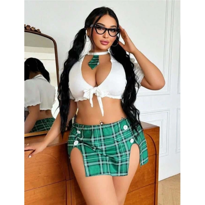 Secretsita Büyük Beden Kravatlı Yeşil Ekose Desen Etekli Fantezi Liseli Kostüm