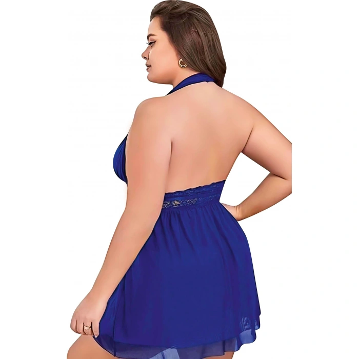 Secretsita Büyük Beden Mavi Dantel İşlemeli Boyundan Bağlamalı Fantezi Tül Gecelik