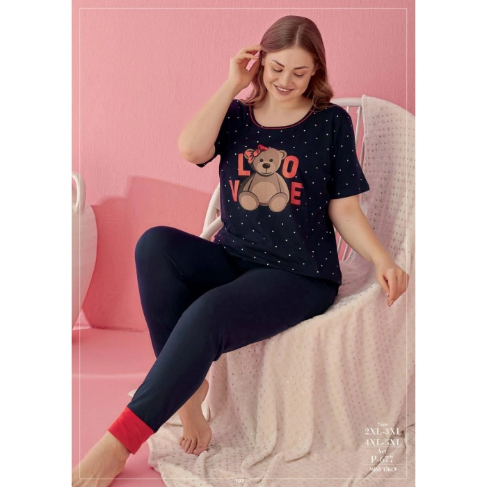 Secretsita Büyük Beden Pamuklu Love Bear Ayıcık Desenli Lacivert Kısa Kol Pijama Takımı