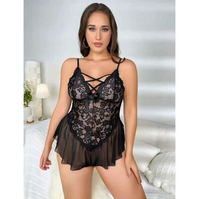 Secretsita Büyük Beden Siyah Dantel İşlemeli Fırfırlı Fantezi Babydoll