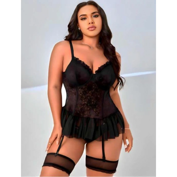 Secretsita Büyük Beden Siyah Dantel İşlemeli Fırfırlı Jartiyer Takımı