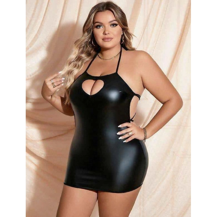 Secretsita Büyük Beden Siyah Deri Göğüs Dekolteli Fantezi Elbise