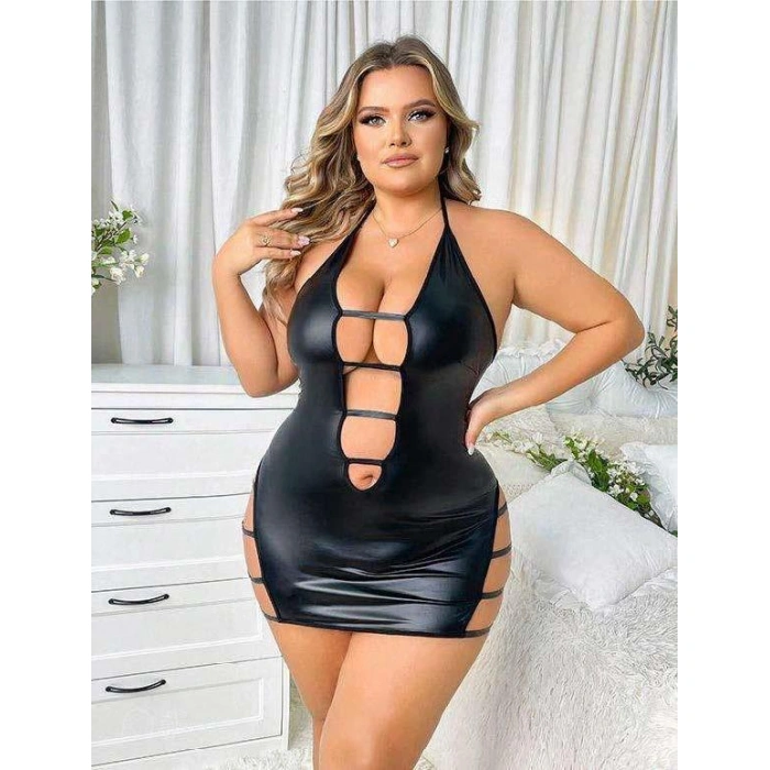 Secretsita Büyük Beden Siyah Deri İp Detaylı Fantezi Elbise