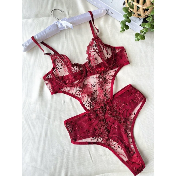 Secretsita Çiçek Desenli Bordo Bodysuit