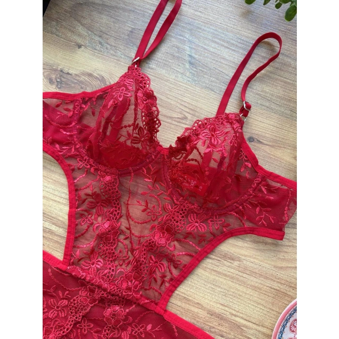 Secretsita Çiçek Desenli Kırmızı Bodysuit