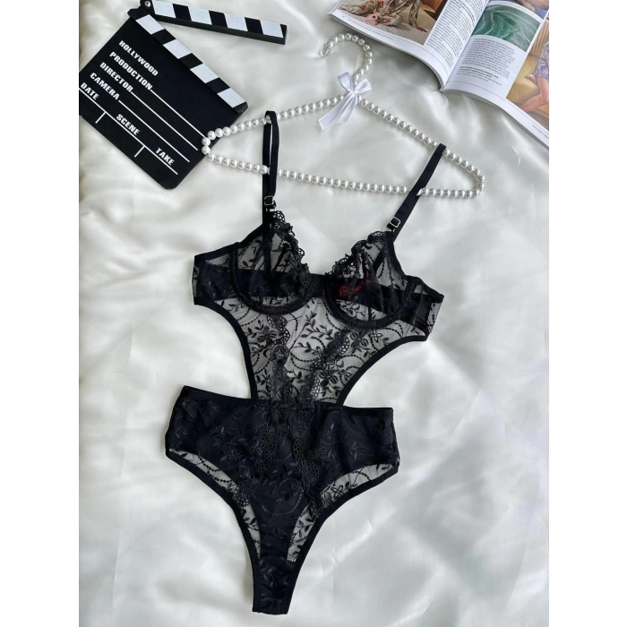 Secretsita Çiçek Desenli Siyah Bodysuit