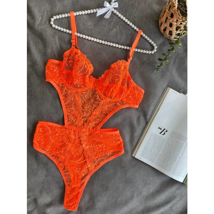 Secretsita Çiçek Desenli Turuncu Bodysuit