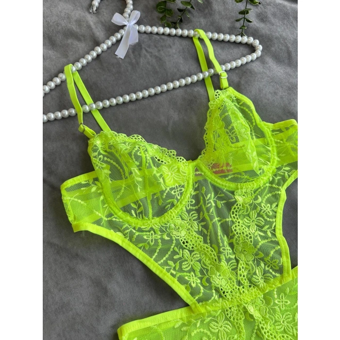 Secretsita Çiçek Desenli Yeşil Bodysuit