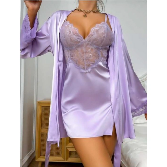 Secretsita Dantel İşlemeli İnce Askılı Mavi Saten 2li Gecelik Sabahlık Takımı