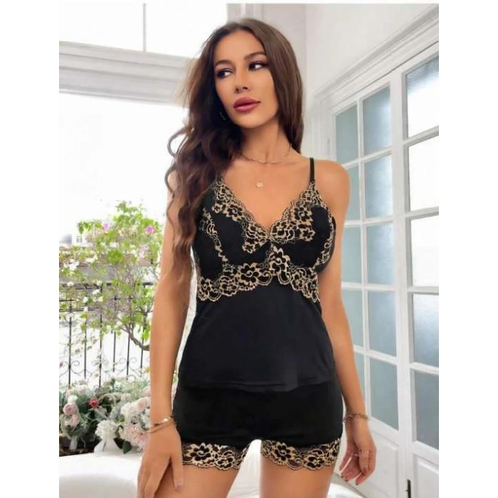 Secretsita Dantel İşlemeli Siyah İnce Askılı Saten Şortlu Takım