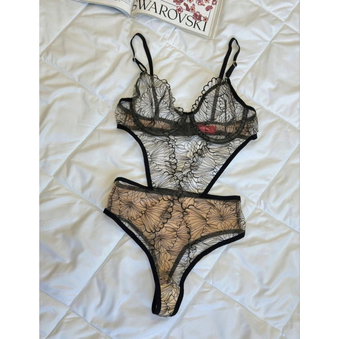 Secretsita Desenli Ten Siyah Bodysuit