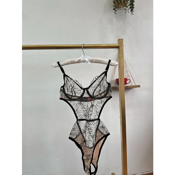 Secretsita Desenli Ten Siyah Bodysuit