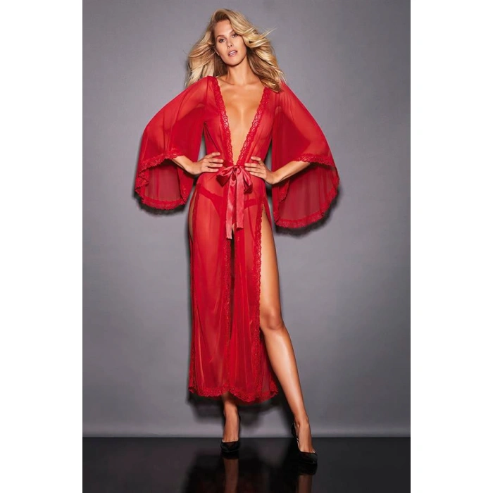 Secretsita Kırmızı Dantel İşlemeli Yırtmaçlı Tül Uzun Fantezi Gecelik