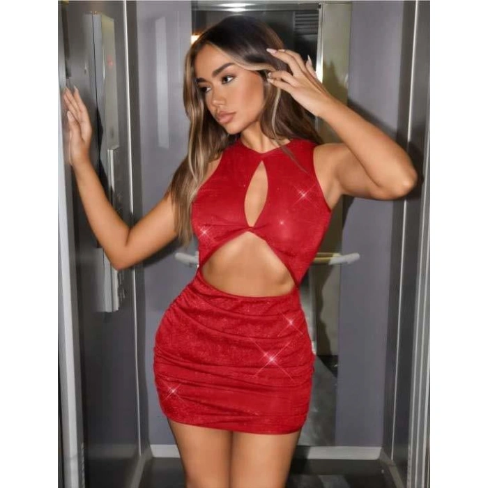 Secretsita Kırmızı Göğüs Dekolteli Simli Fantezi Mini Club Elbisesi