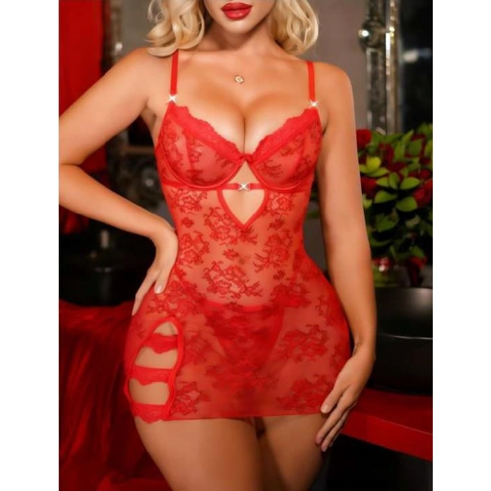 Secretsita Kırmızı Kalp Aksesuarlı Yırtmaçlı Dantel İşlemeli Fantezi Gecelik