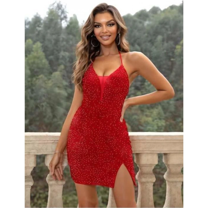 Secretsita Kırmızı Simli Boyundan Bağlamalı Göğüs Dekolteli Sırtı Açık Mini Club Elbisesi