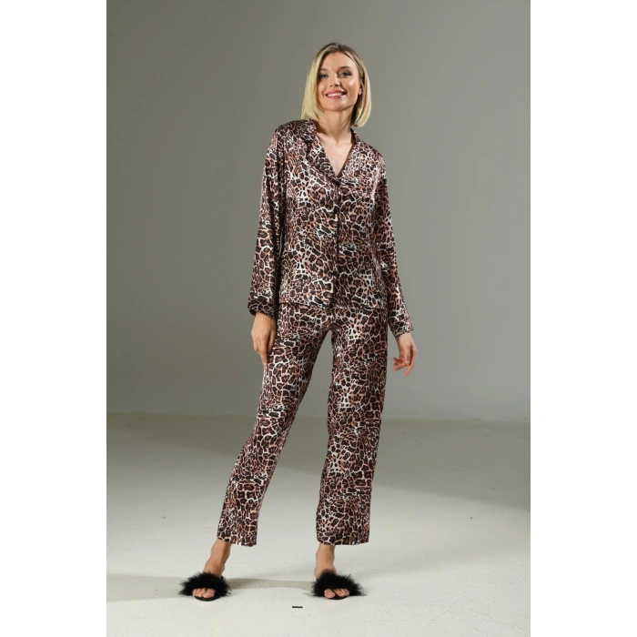 Secretsita Leopar Desen Yumuşak Dokulu Saten Gecelik Takımı