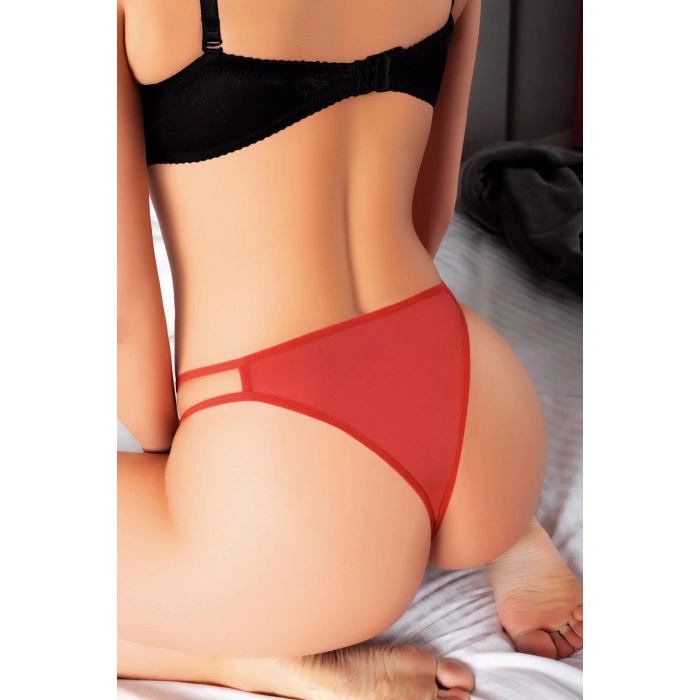 Secretsita Özel Bölgesi Açık Kelebek İşlemeli Fantezi Desenli Taşlı Kiremit Tanga String