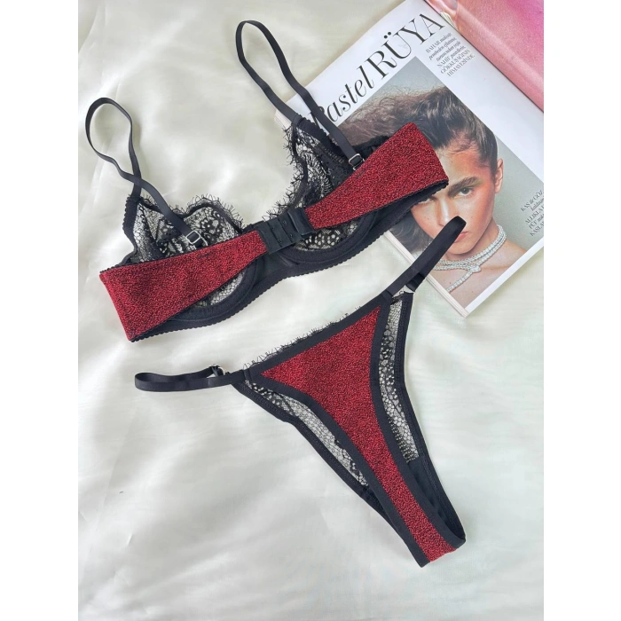 Secretsita Özel Tasarım Dantel İşlemeli  Bordo Desteksiz Bralet Takımı