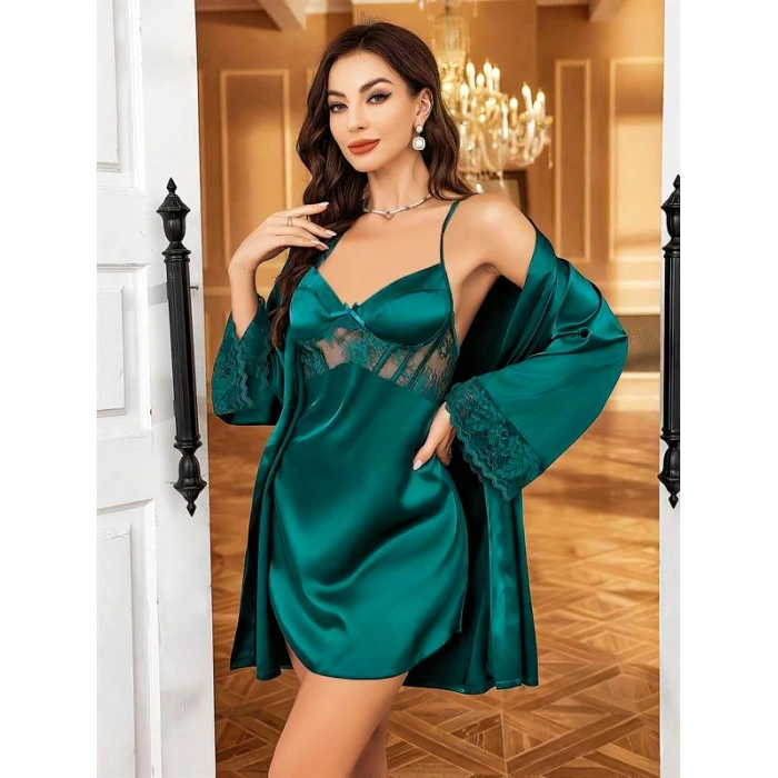 Secretsita Özel Tasarım Dantel İşlemeli Sırt Dekolteli Sabahlıklı 2li Yeşil Saten Gecelik Takımı