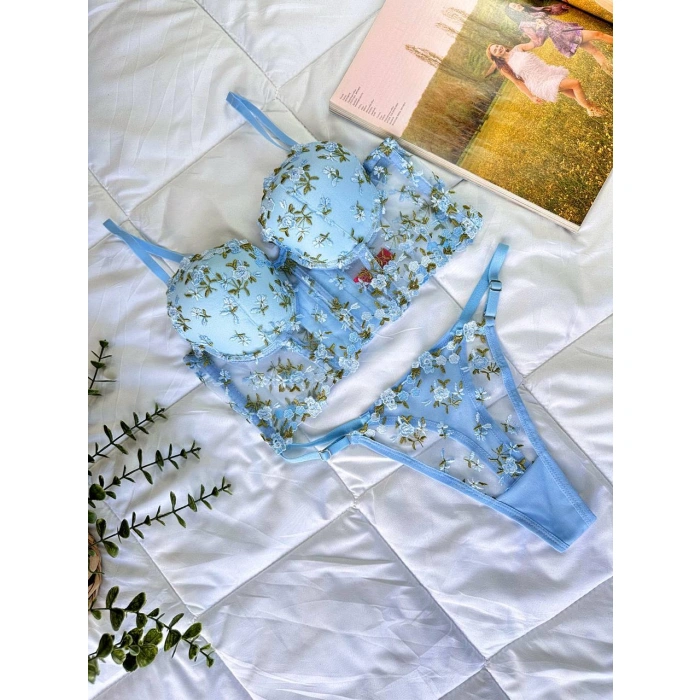 Secretsita Özel Tasarım Mavi Dantel İşlemeli Çiçek Desenli Destekli Bralet Takımı