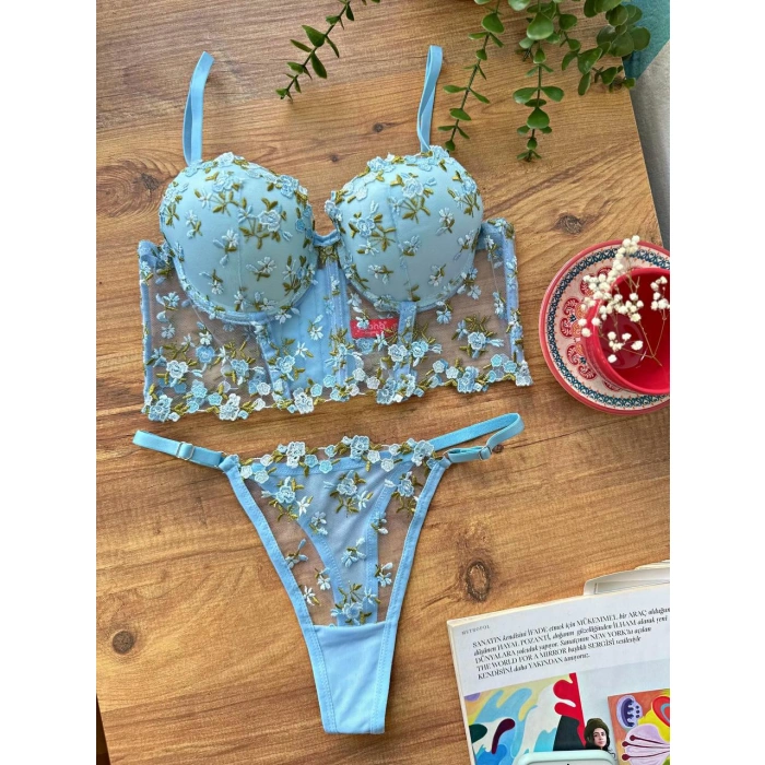 Secretsita Özel Tasarım Mavi Dantel İşlemeli Çiçek Desenli Destekli Bralet Takımı