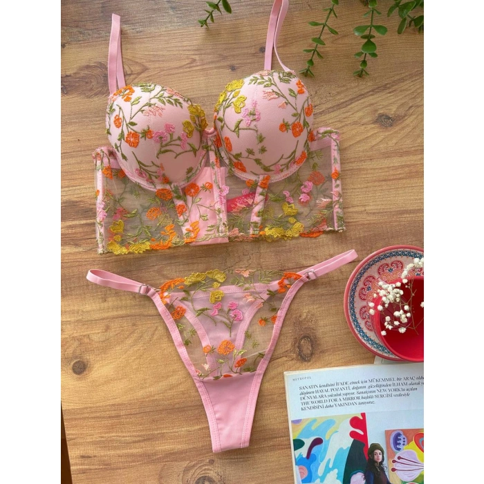 Secretsita Özel Tasarım Pembe Dantel İşlemeli Çiçek Desenli Destekli Bralet Takımı