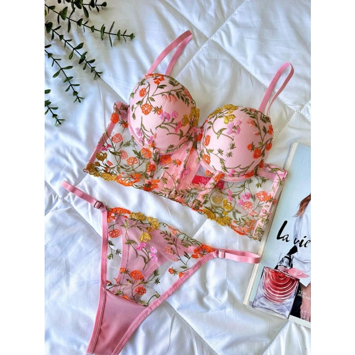 Secretsita Özel Tasarım Pembe Dantel İşlemeli Çiçek Desenli Destekli Bralet Takımı