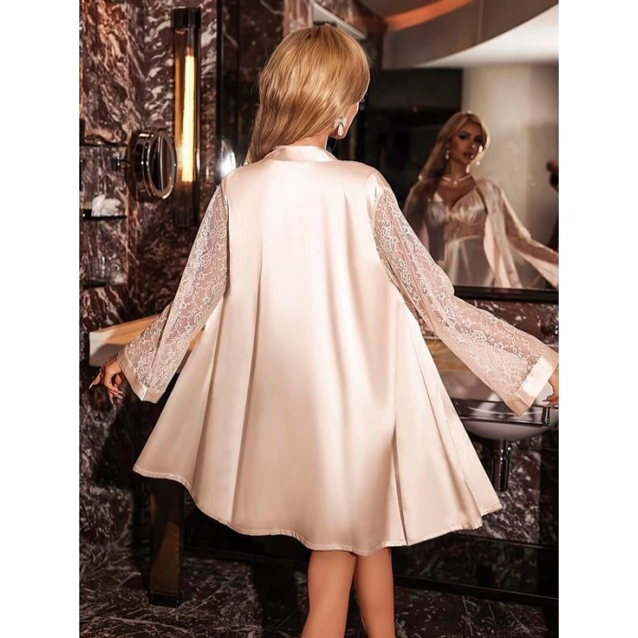 Secretsita Özel Tasarım Şık Dantel İşlemeli Sabahlıklı 2li Pudra Saten Gecelik Takımı