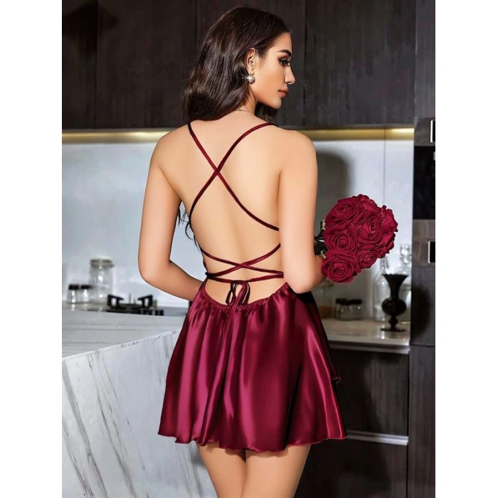 Secretsita Özel Tasarım Sırt Dekolteli Sabahlıklı Saten Bordo 2li Gecelik Takımı