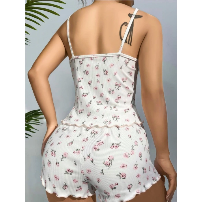 Secretsita Pamuklu Beyaz Üstüne Çiçek Desen Fitilli Askılı Şortlu Pijama Takımı