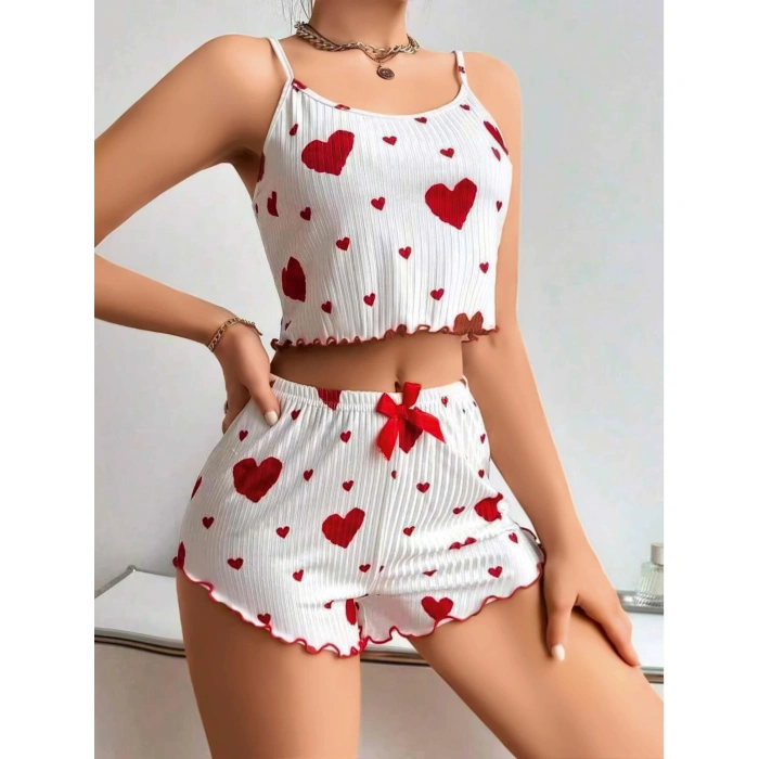 Secretsita Pamuklu Beyaz Üstüne Kırmızı Kalp Desenli Askılı Şortlu Pijama Takımı