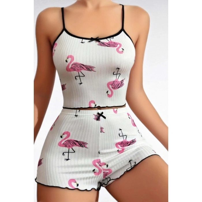 Secretsita Pamuklu Beyaz Üstüne Pelikan Desen Fitilli Askılı Şortlu Pijama Takımı