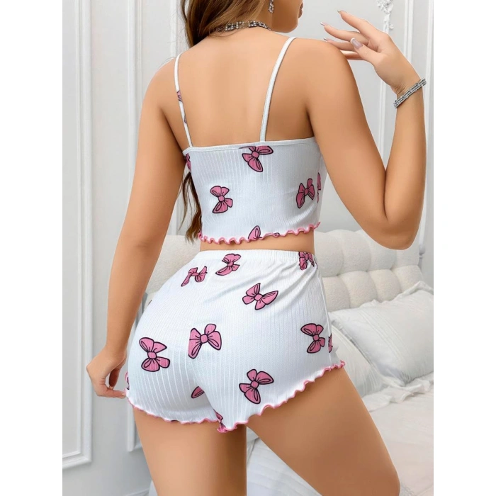 Secretsita Pamuklu Beyaz Üstüne Pembe Kurdela Desenli Fitilli Askılı Şortlu Pijama Takımı