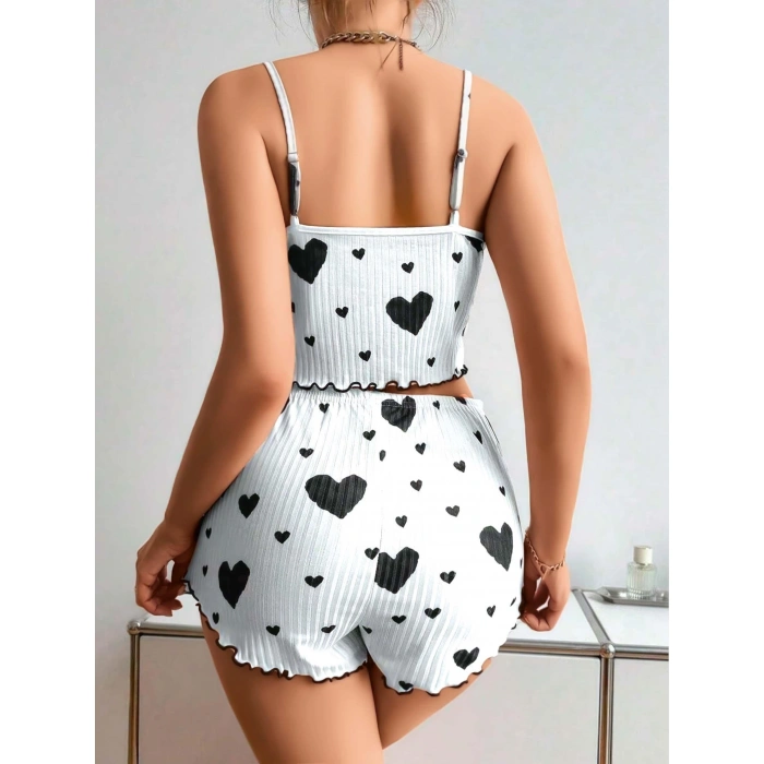 Secretsita Pamuklu Beyaz Üstüne Siyah Kalp Desen Fitilli Askılı Şortlu Pijama Takımı