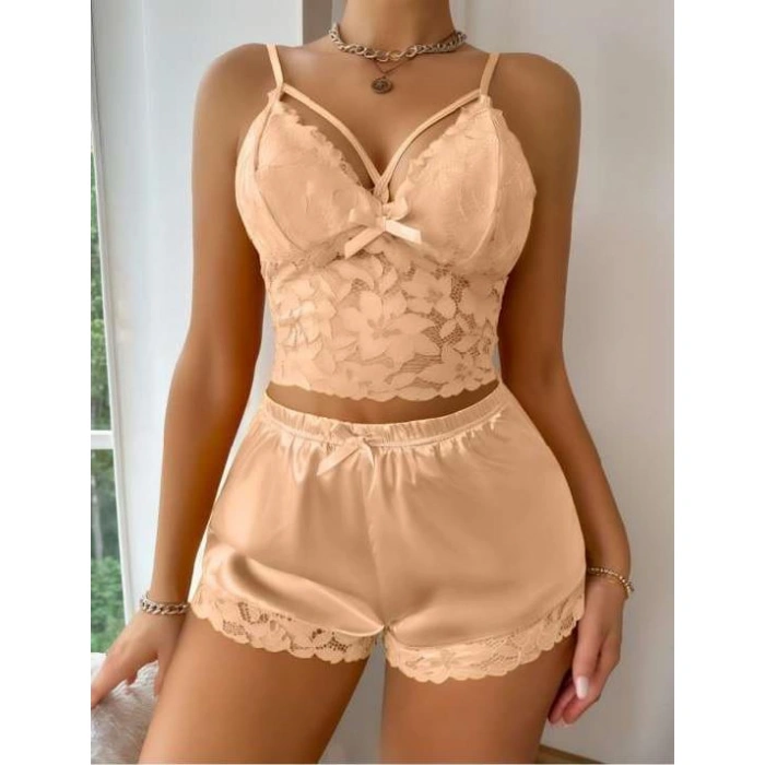 Secretsita Sarı Dantelli Büstiyer İnce Askılı Saten Şortlu Takım
