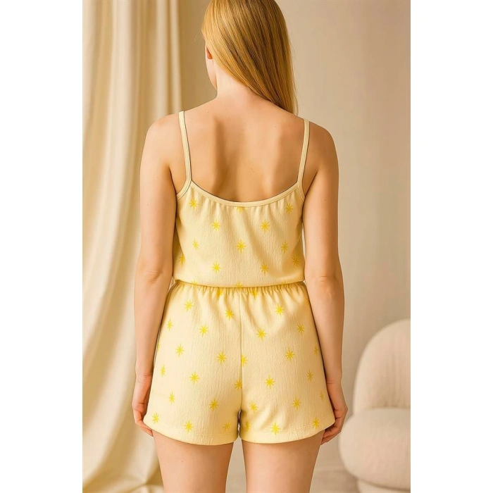 Secretsita Sarı Üstüne Desenli Askılı Şortlu Pijama Takımı
