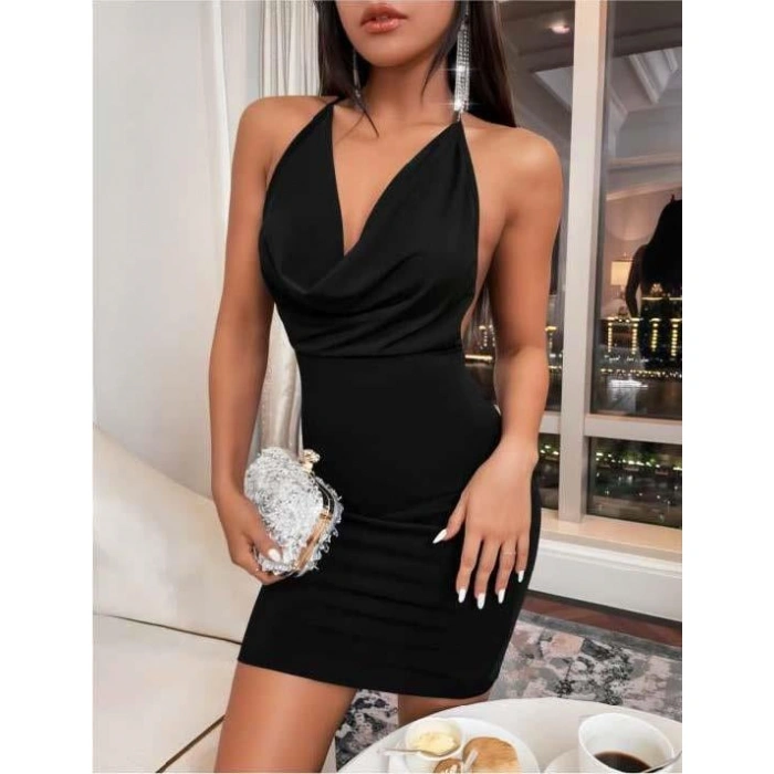 Secretsita Siyah Boyundan Bağlamalı Sırt Dekolteli Mini Club Elbisesi